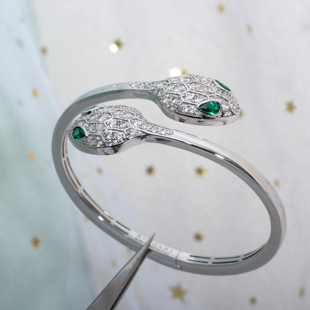 Bvlgari Serpenti Bracelet Silver Malachite Cubic Zirconia Double Snake