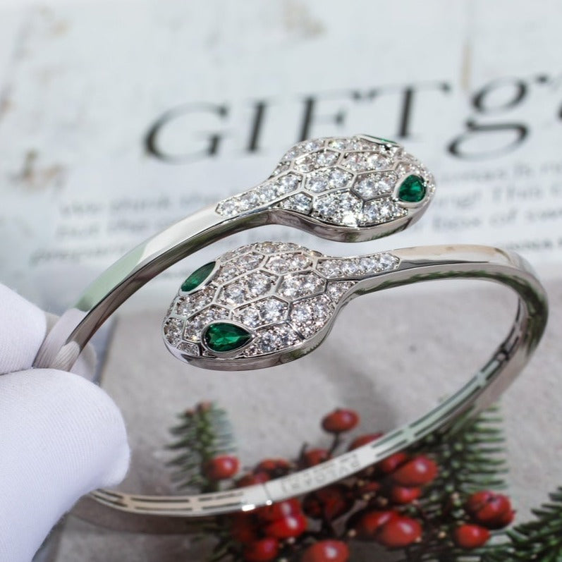 Bvlgari Serpenti Bracelet Silver Malachite Cubic Zirconia Double Snake