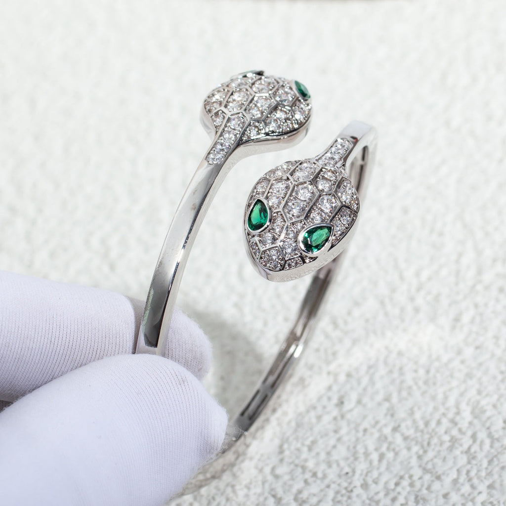 Bvlgari Serpenti Bracelet Silver Malachite Cubic Zirconia Double Snake