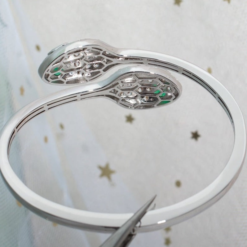 Bvlgari Serpenti Bracelet Silver Malachite Cubic Zirconia Double Snake