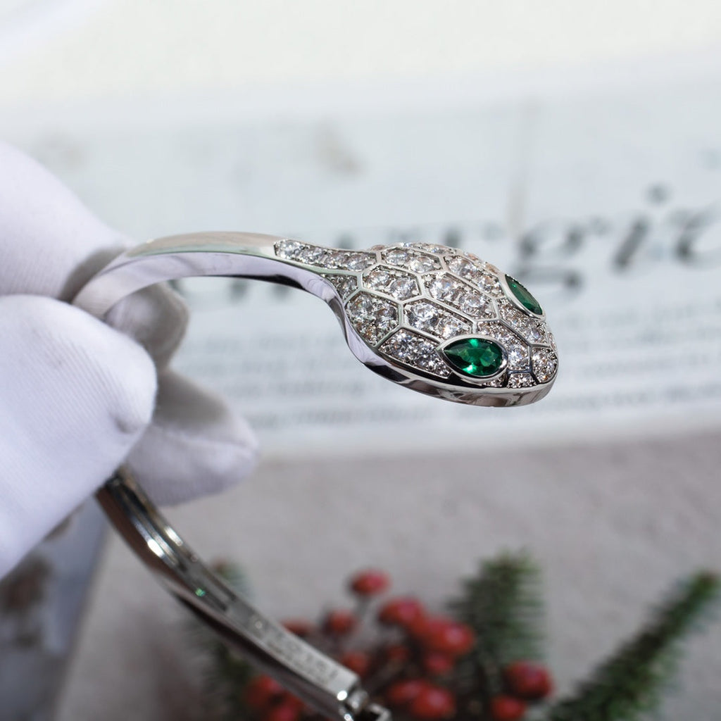 Bvlgari Serpenti Bracelet Silver Malachite Cubic Zirconia Double Snake