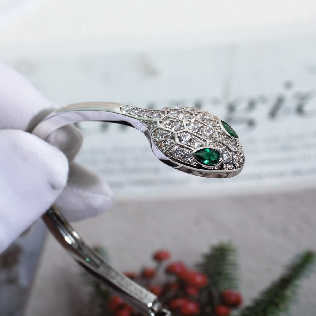 Bvlgari Serpenti Bracelet Silver Malachite Cubic Zirconia Double Snake