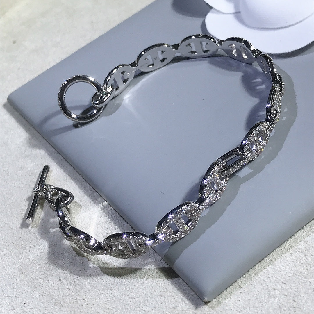 Hermes Chaine Bracelet Silver Cubic Zirconia