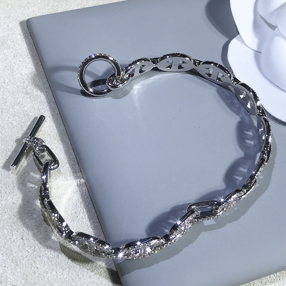 Hermes Chaine Bracelet Silver Cubic Zirconia
