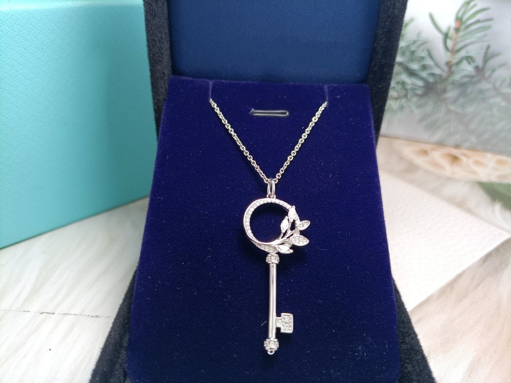 Tiffany Mini Key Olive Leaf Necklace Cubic Zirconia