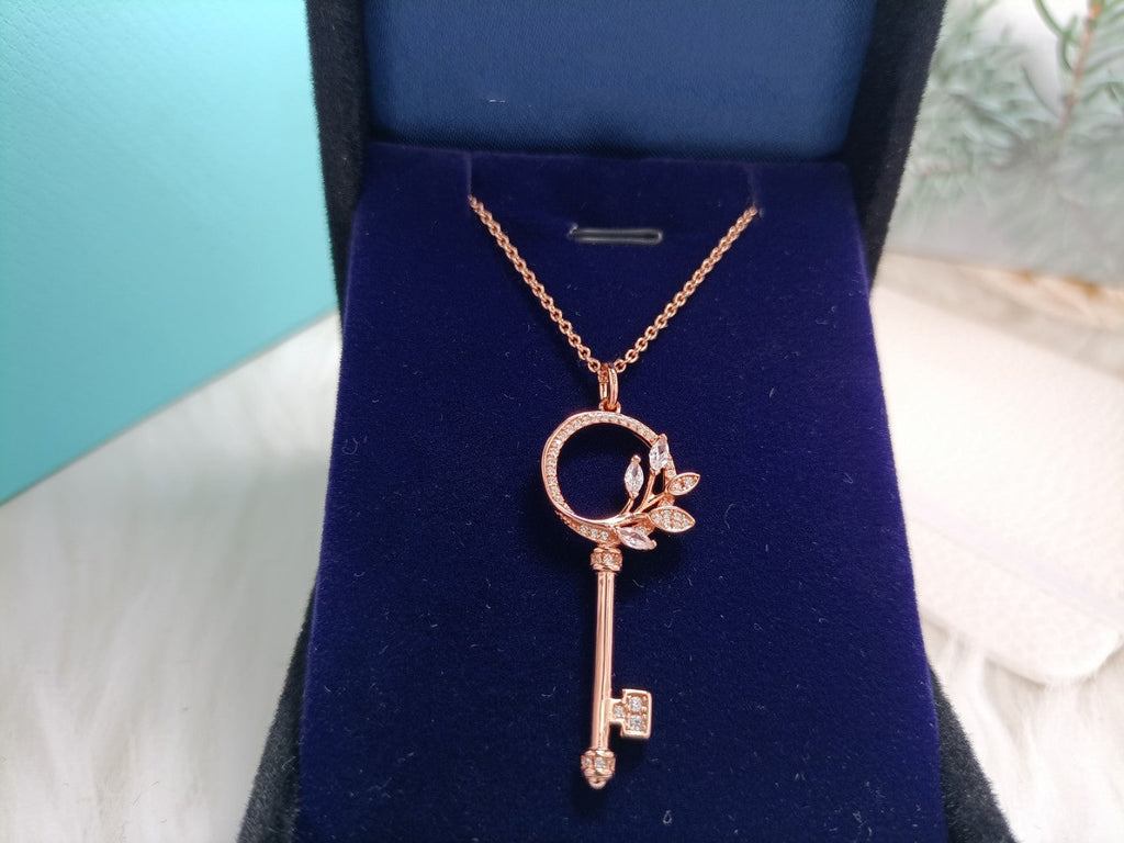 Tiffany Mini Key Olive Leaf Necklace Cubic Zirconia
