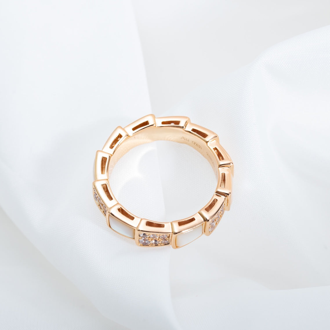 Bvlgari Serpenti Ring Pink Gold MOP Cubic Zirconia Paved 4MM