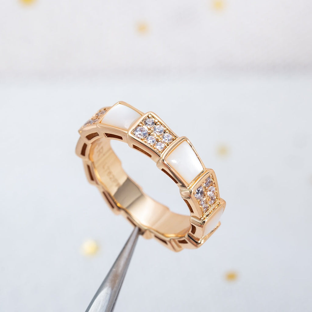 Bvlgari Serpenti Ring Pink Gold MOP Cubic Zirconia Paved 4MM