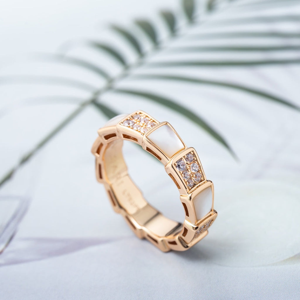 Bvlgari Serpenti Ring Pink Gold MOP Cubic Zirconia Paved 4MM