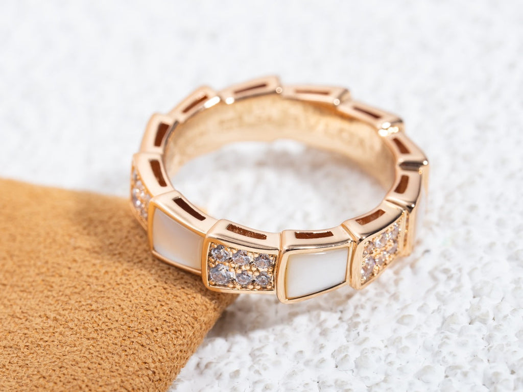 Bvlgari Serpenti Ring Pink Gold MOP Cubic Zirconia Paved 4MM