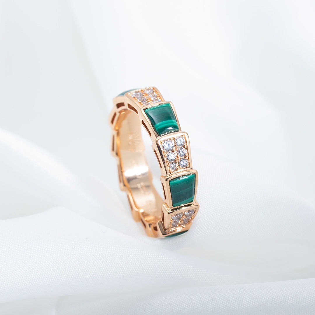 Bvlgari Serpenti Ring Pink Gold Malachite Cubic Zirconia Paved 4MM