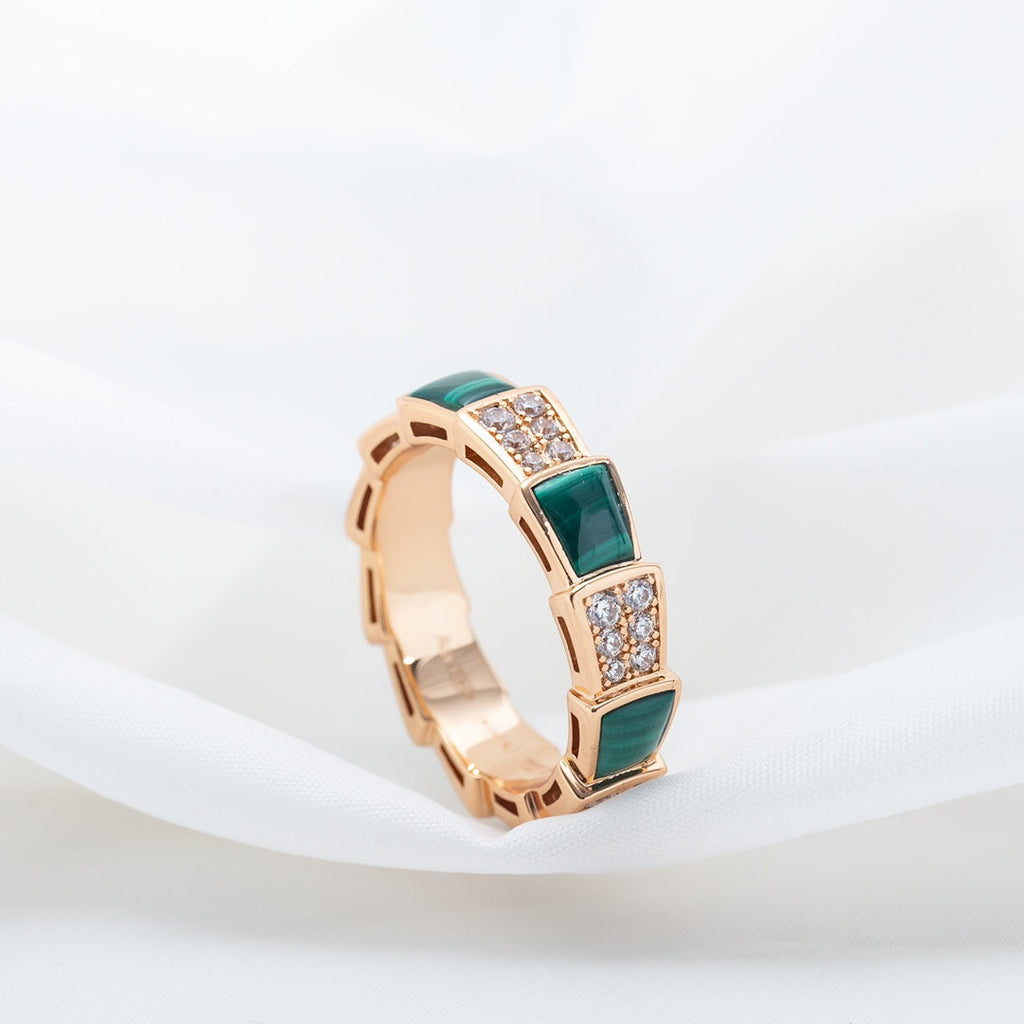 Bvlgari Serpenti Ring Pink Gold Malachite Cubic Zirconia Paved 4MM