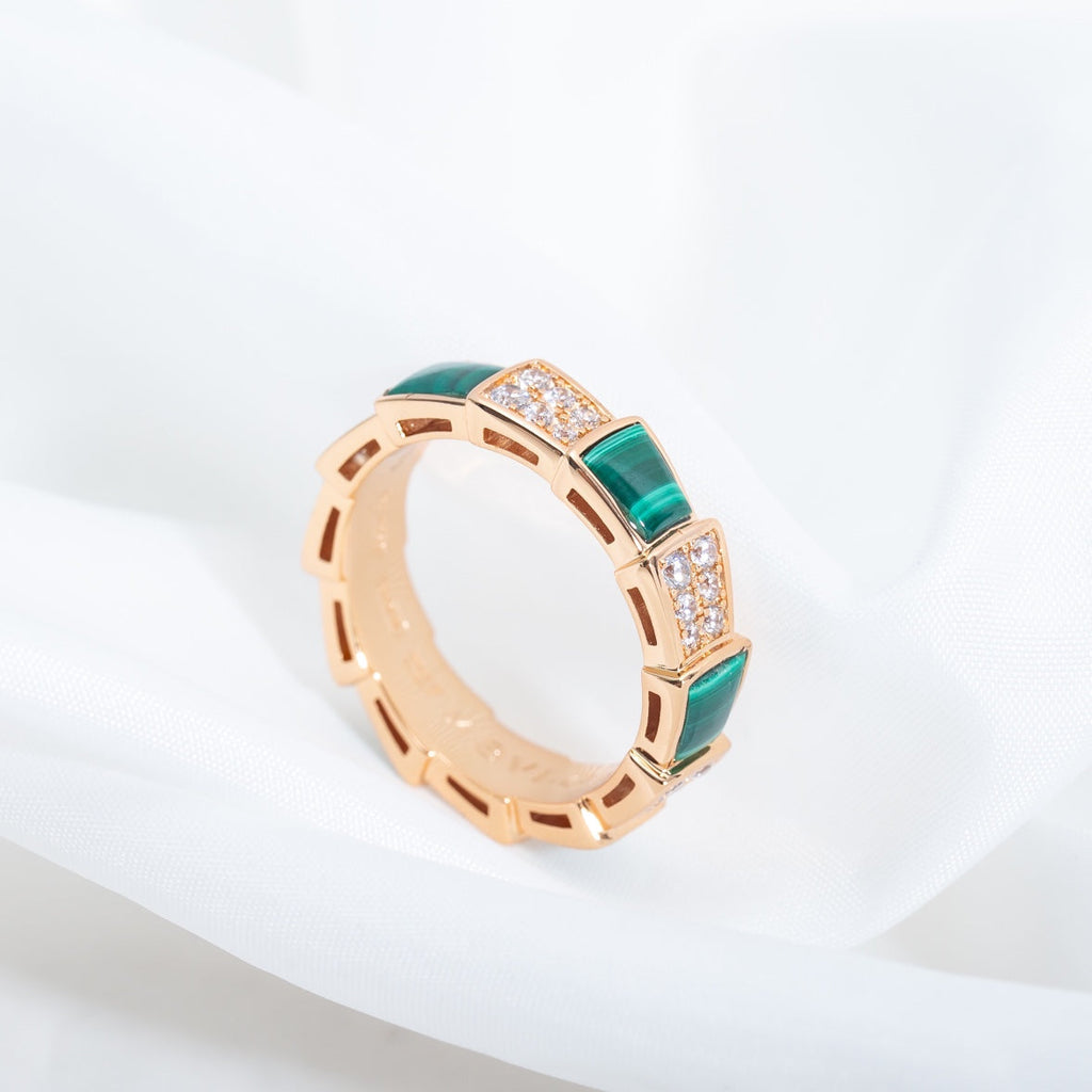 Bvlgari Serpenti Ring Pink Gold Malachite Cubic Zirconia Paved 4MM