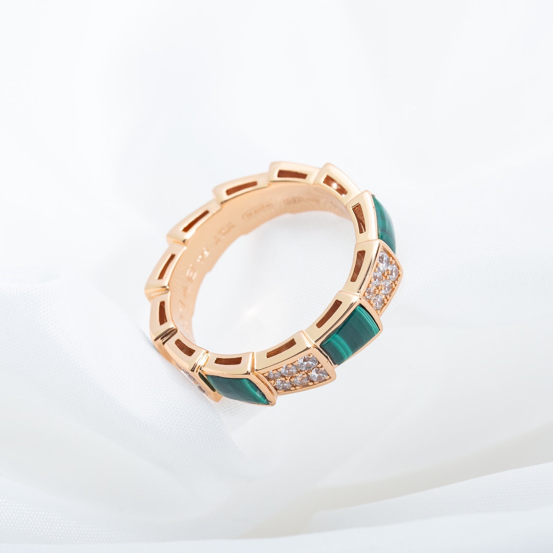Bvlgari Serpenti Ring Pink Gold Malachite Cubic Zirconia Paved 4MM