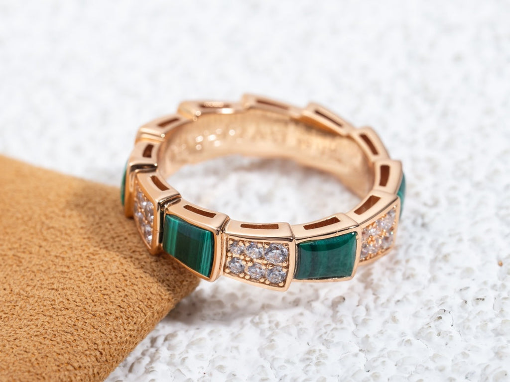 Bvlgari Serpenti Ring Pink Gold Malachite Cubic Zirconia Paved 4MM