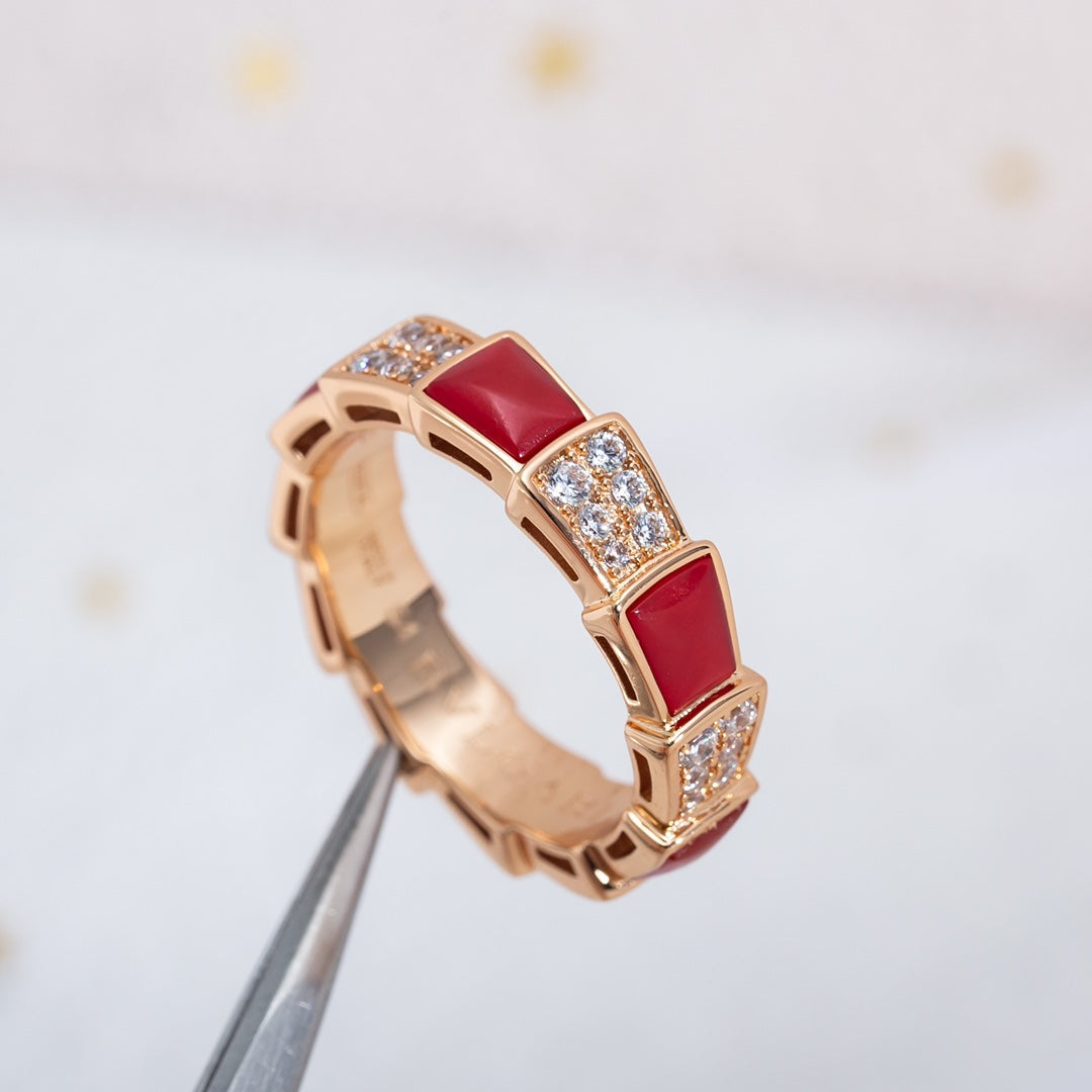 Bvlgari Serpenti Ring Pink Gold Carnelian Cubic Zirconia Paved 4MM