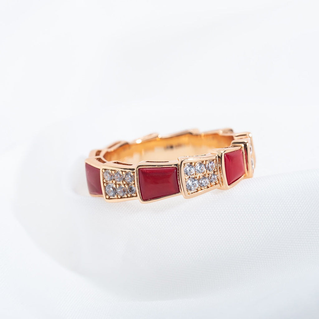 Bvlgari Serpenti Ring Pink Gold Carnelian Cubic Zirconia Paved 4MM
