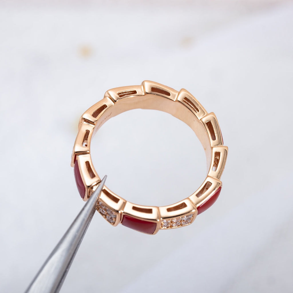 Bvlgari Serpenti Ring Pink Gold Carnelian Cubic Zirconia Paved 4MM
