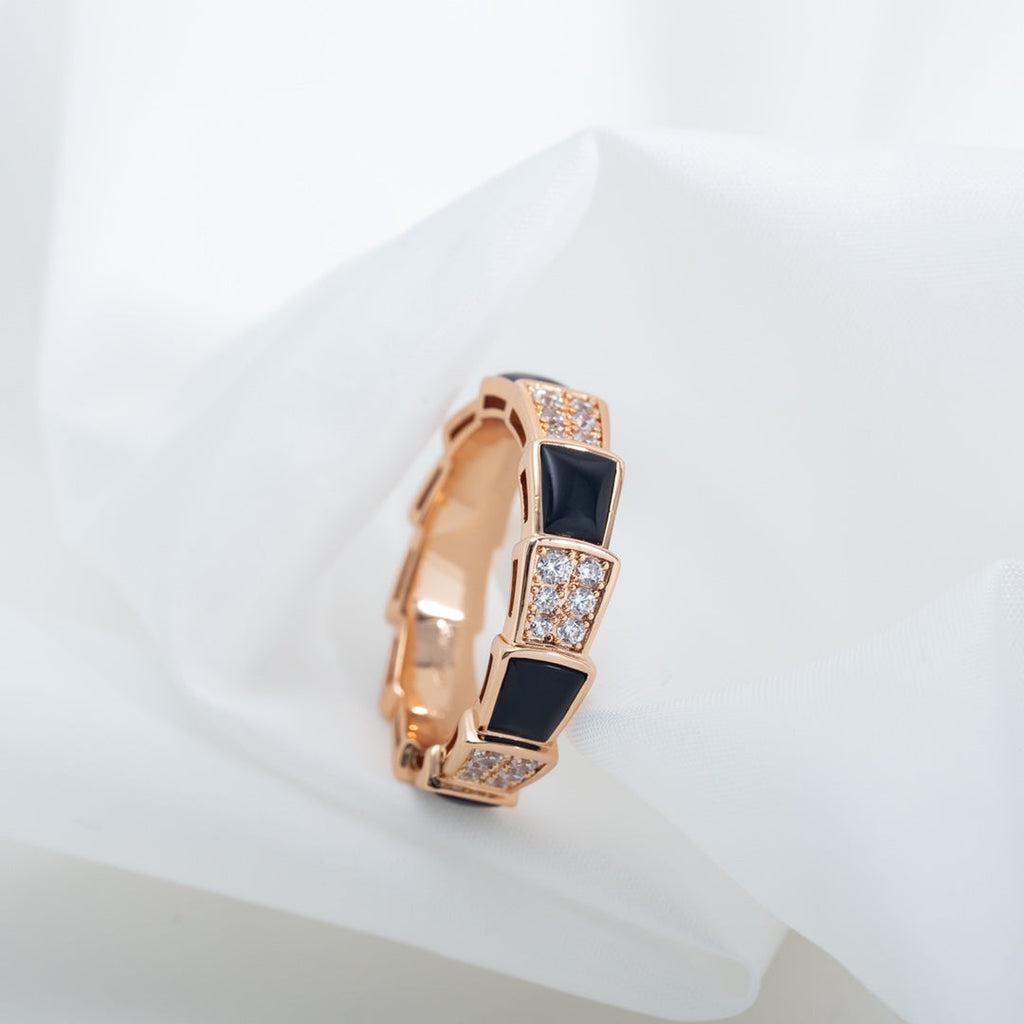 Bvlgari Serpenti Ring Pink Gold Black MOP Cubic Zirconia Paved 4MM