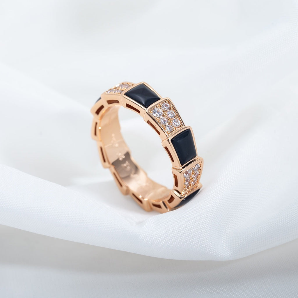 Bvlgari Serpenti Ring Pink Gold Black MOP Cubic Zirconia Paved 4MM