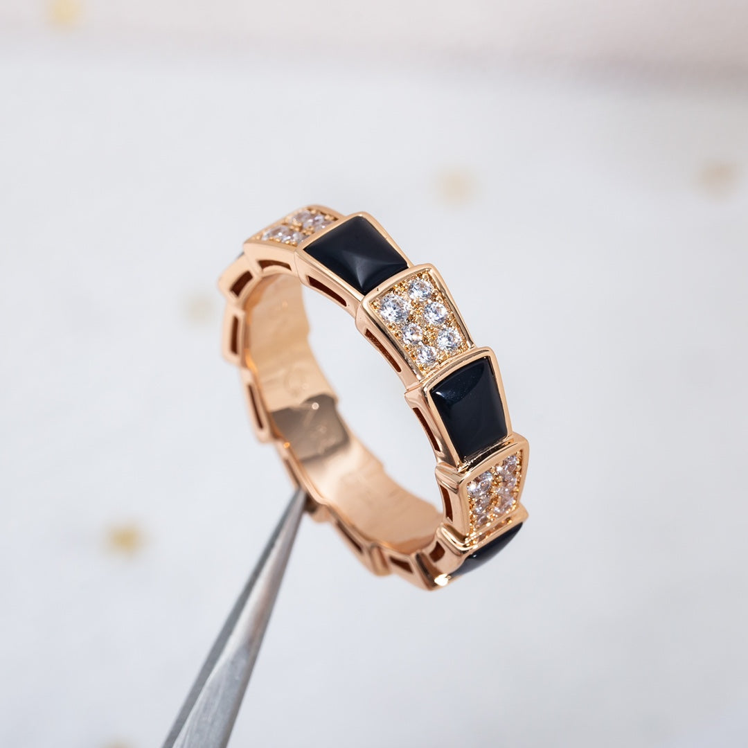 Bvlgari Serpenti Ring Pink Gold Black MOP Cubic Zirconia Paved 4MM