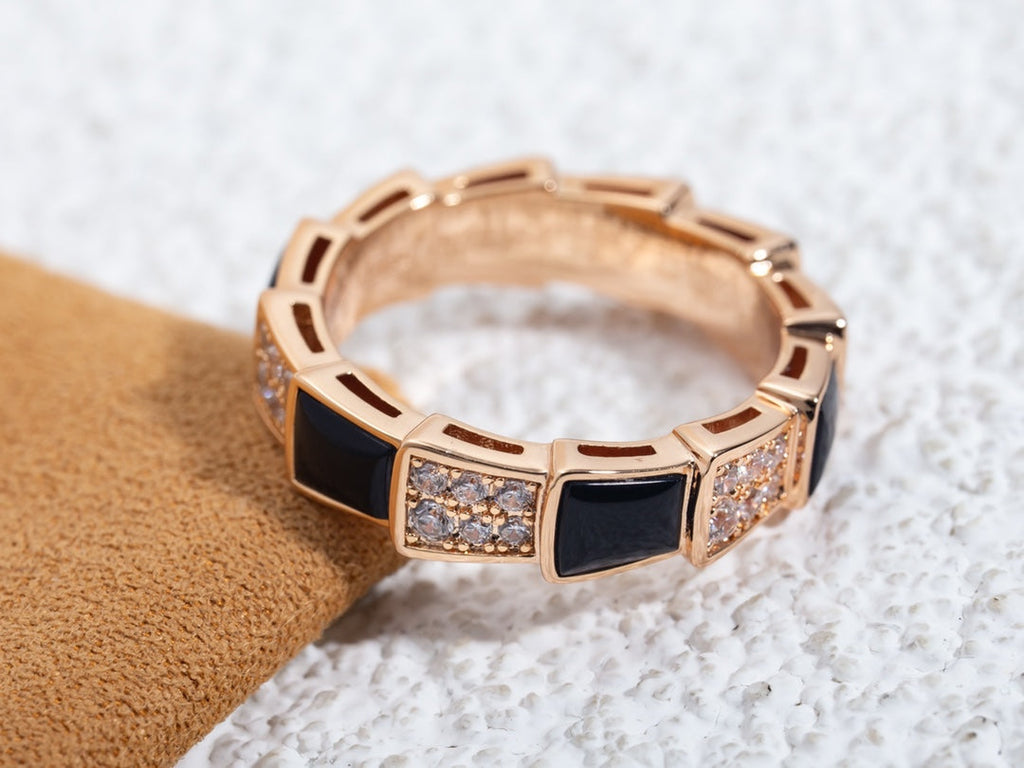Bvlgari Serpenti Ring Pink Gold Black MOP Cubic Zirconia Paved 4MM