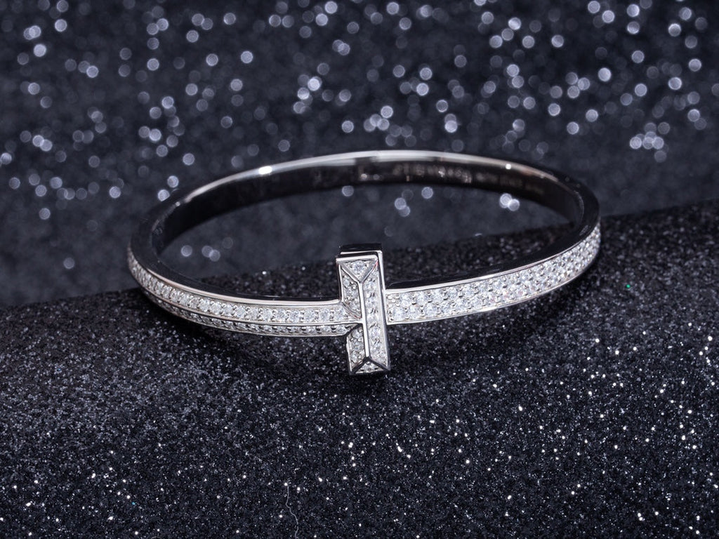 Tiffany Wide Cubic Zirconia Hinged Bangle Silver