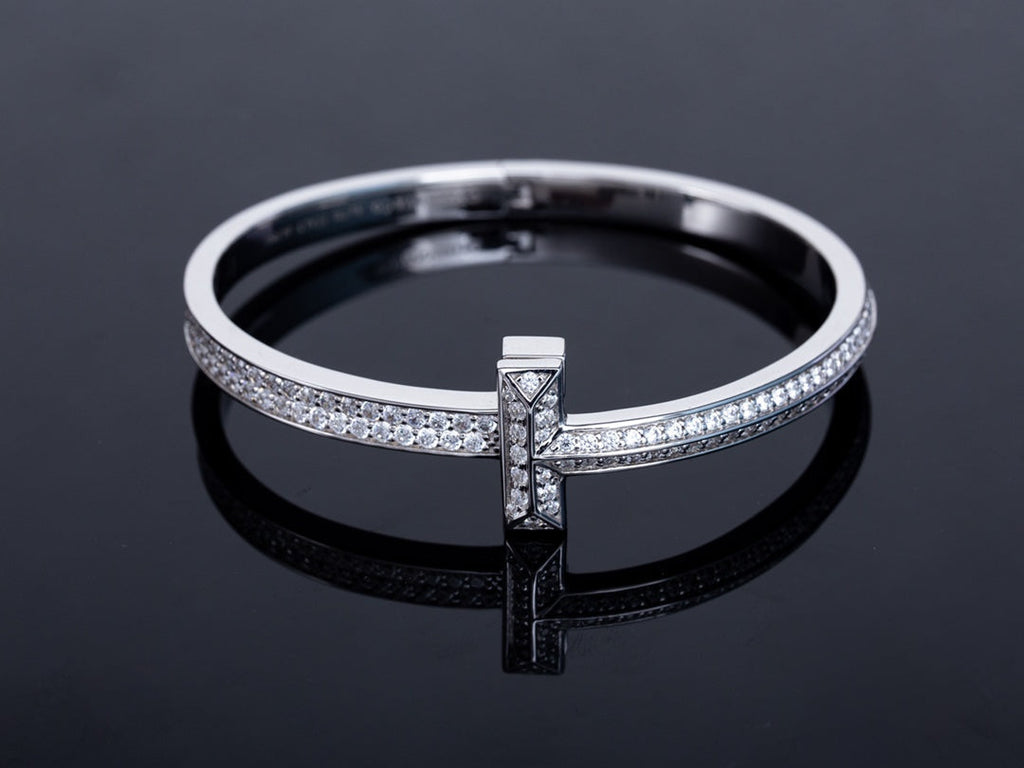 Tiffany Wide Cubic Zirconia Hinged Bangle Silver