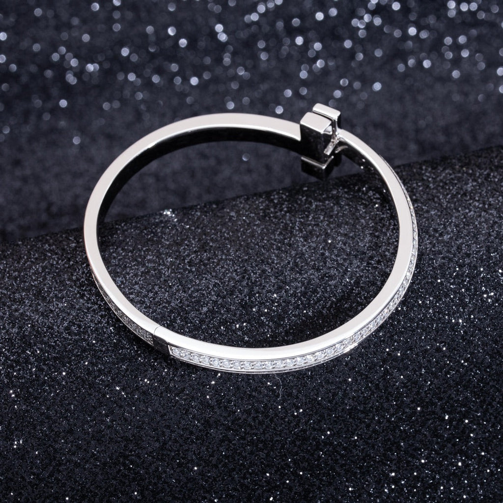 Tiffany Wide Cubic Zirconia Hinged Bangle Silver
