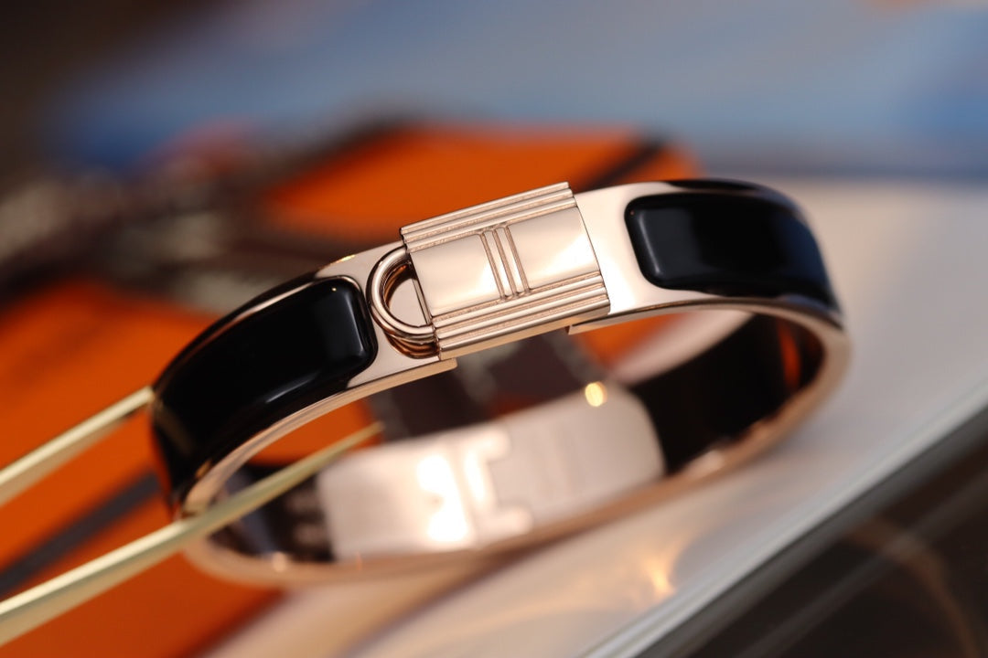 Hermes H Lock Black Pink Gold Bracelet 12MM