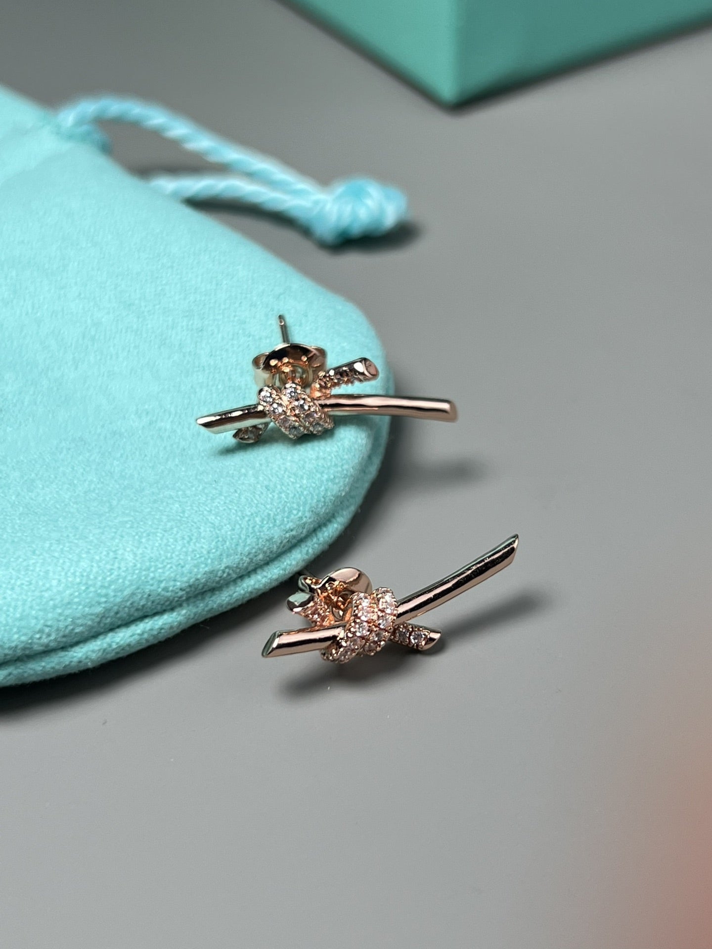 Tiffany Knot Earrings Pink Gold Cubic Zirconia