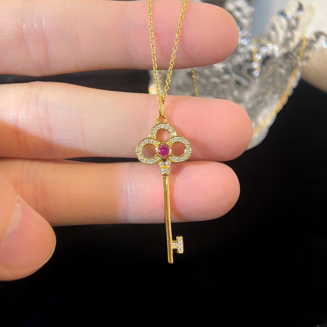 Tiffany Floret Key Pendant Necklace Pink Cubic Zirconia