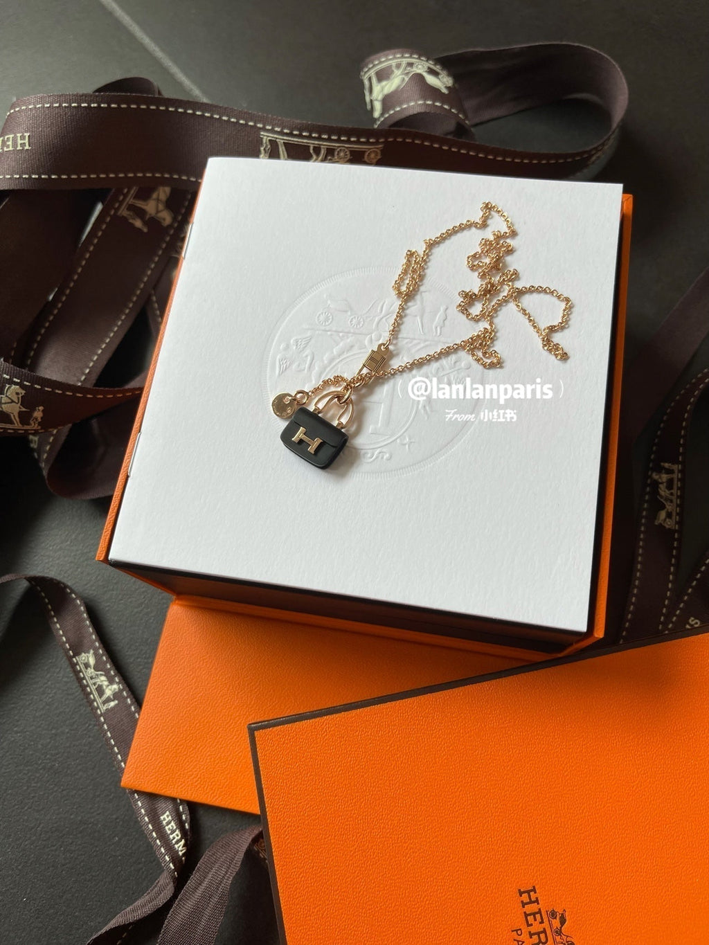 Hermes Constance Black Pendant Pink Gold Necklace