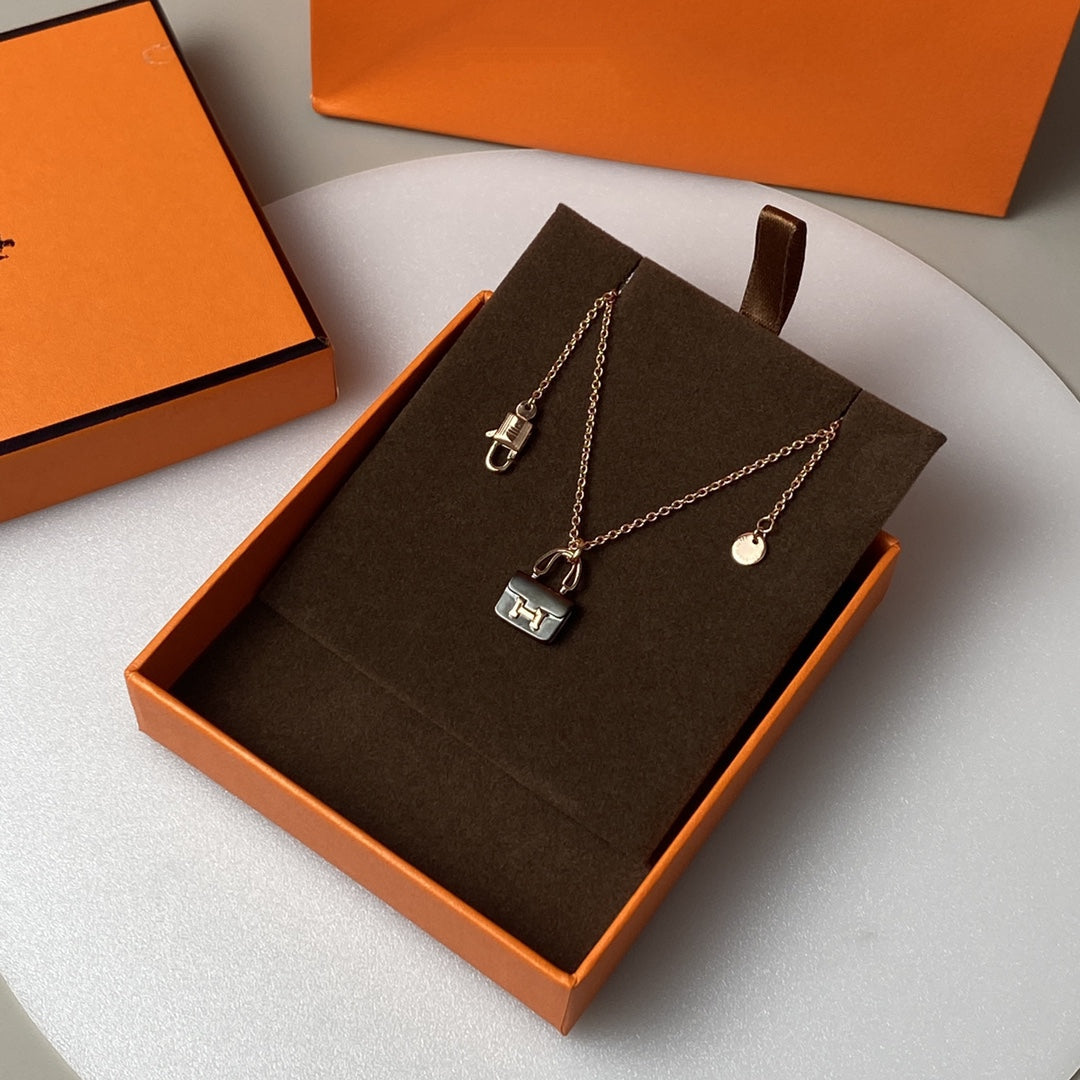Hermes Constance Black Pendant Pink Gold Necklace