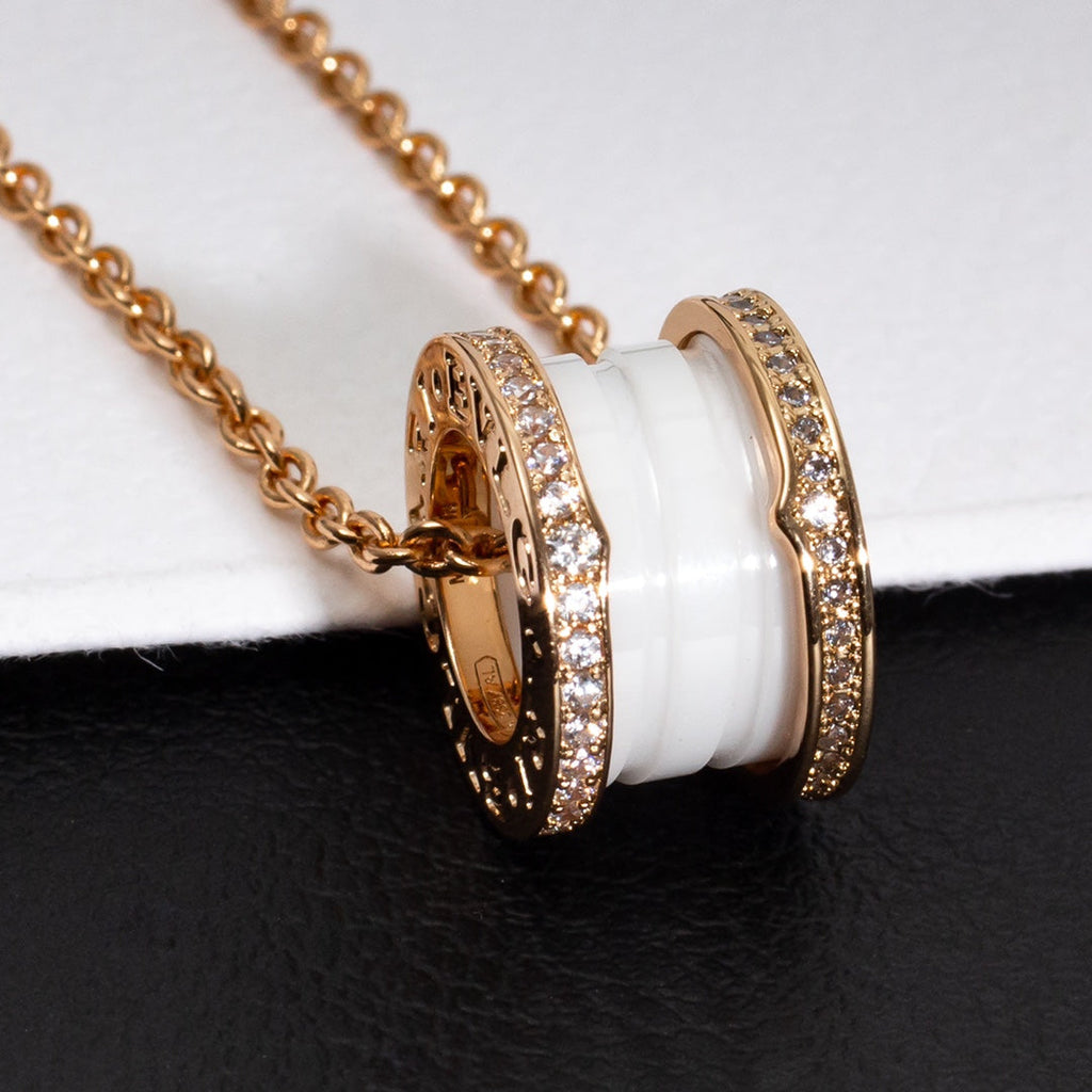 Bvlgari Zero 1 White Ceramic Pink Gold Cubic Zirconia Necklace