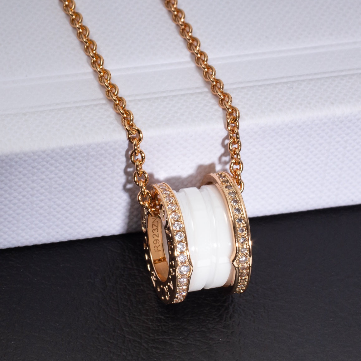 Bvlgari Zero 1 White Ceramic Pink Gold Cubic Zirconia Necklace