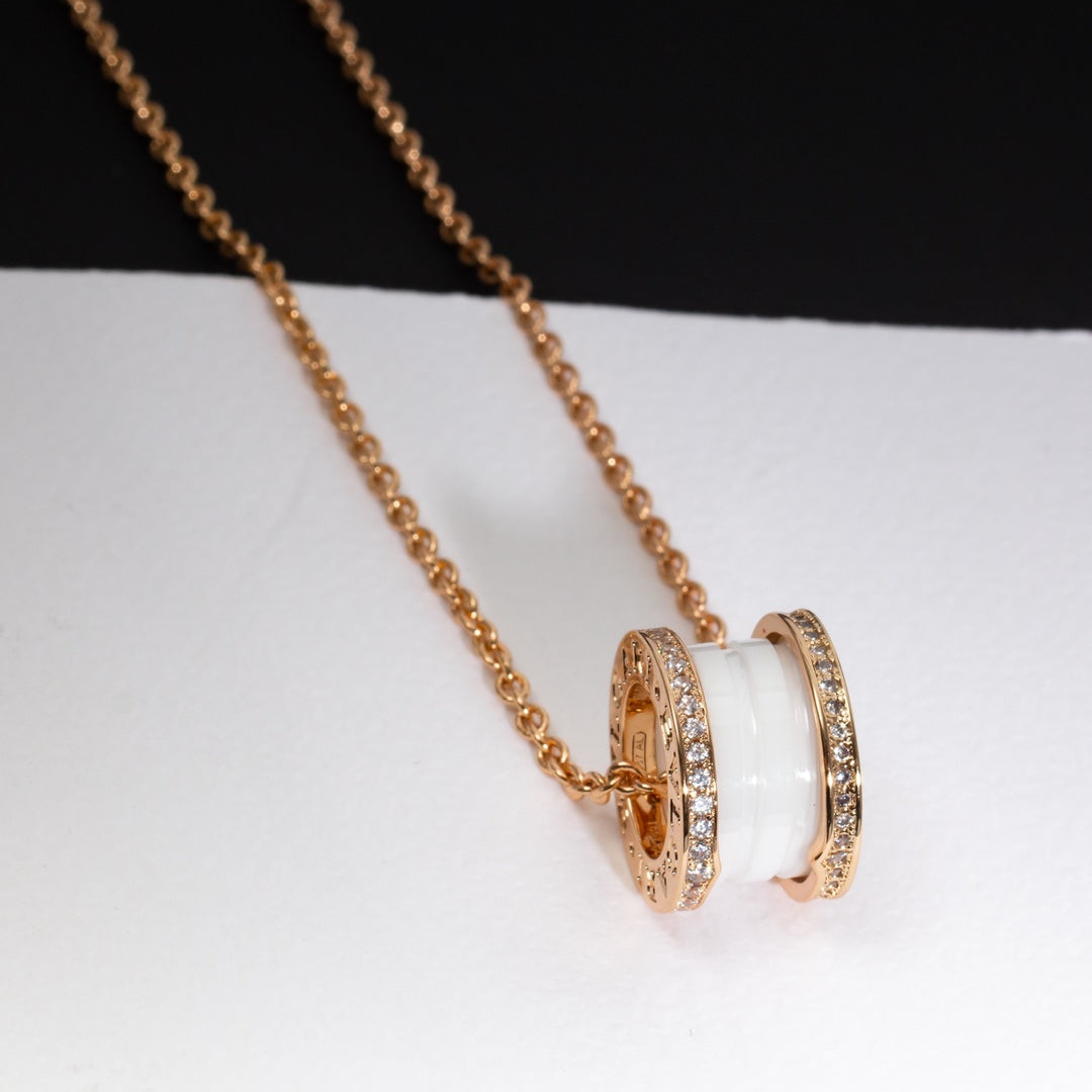 Bvlgari Zero 1 White Ceramic Pink Gold Cubic Zirconia Necklace