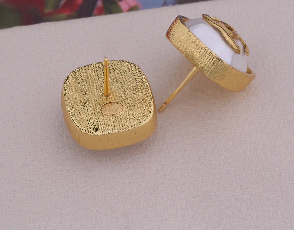 Chanel Double C Gold MOP Stud Earrings