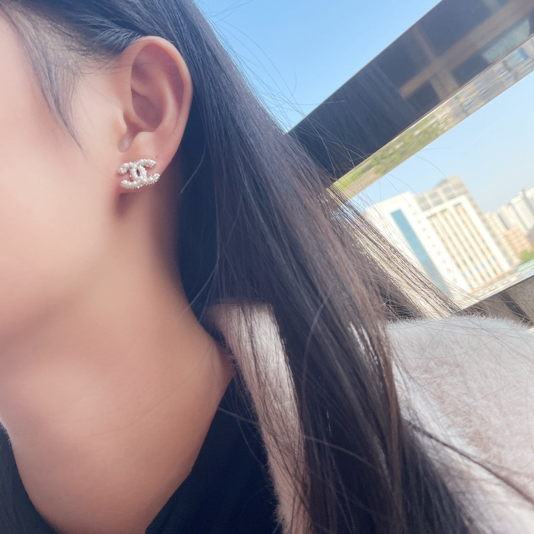 Chanel Double C MOP Gold Stud Earrings