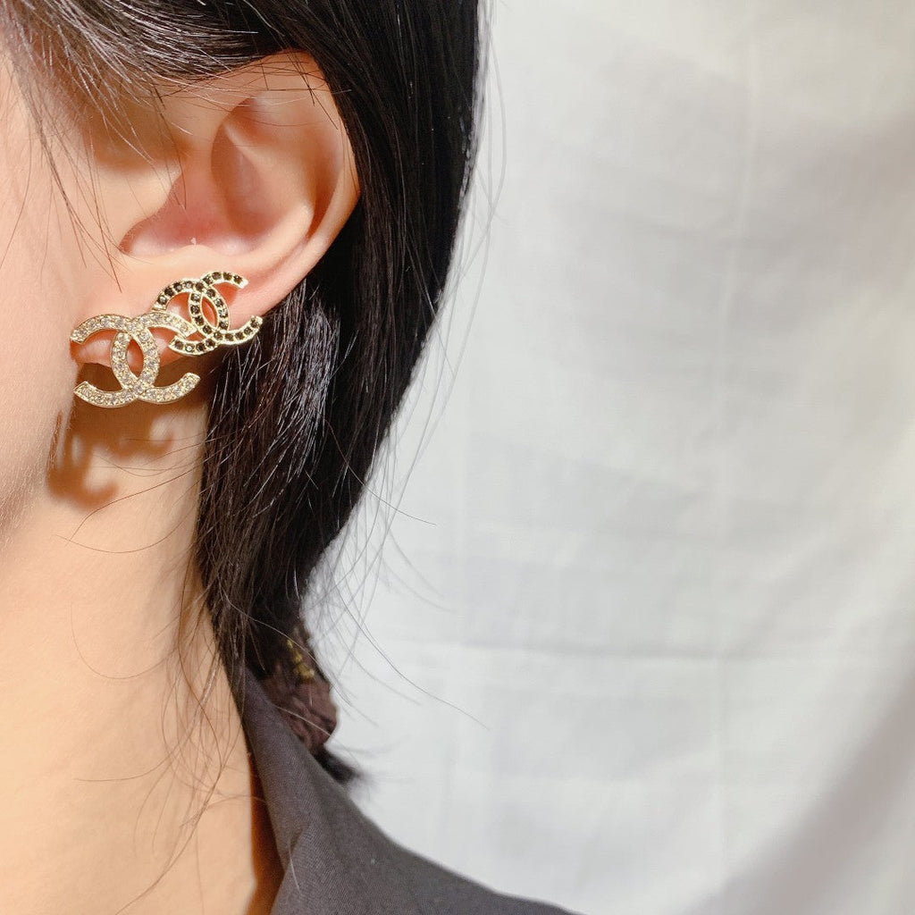 Chanel Double Stud Double C Cubic Zirconia Gold Earrings