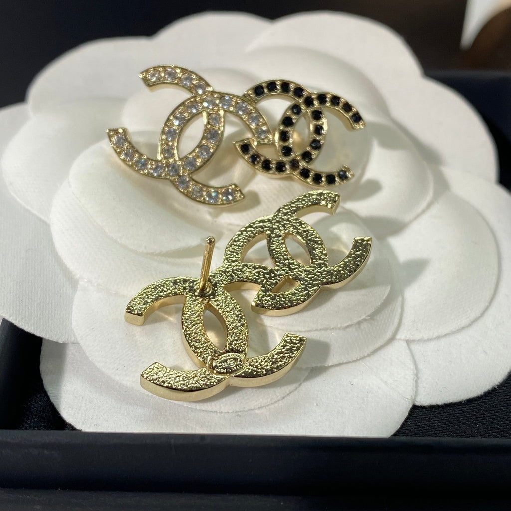 Chanel Double Stud Double C Cubic Zirconia Gold Earrings