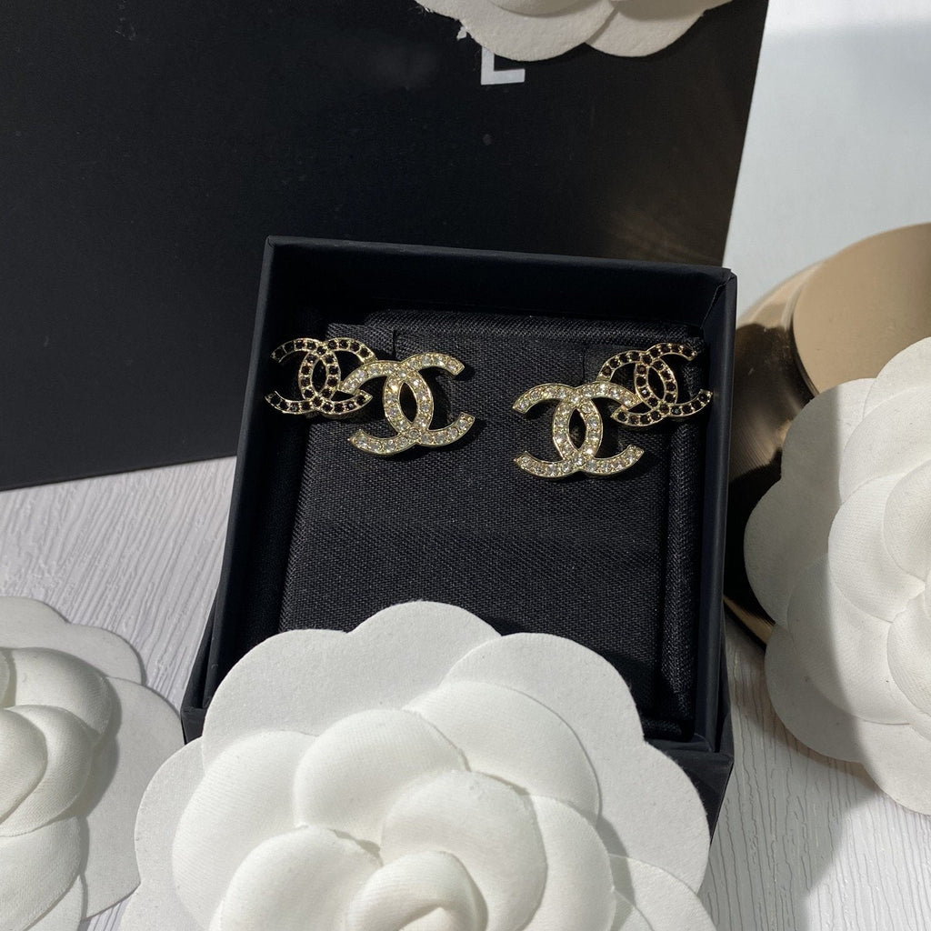 Chanel Double Stud Double C Cubic Zirconia Gold Earrings