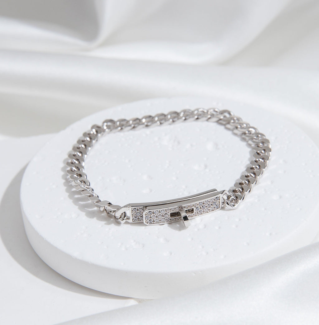 Hermes Kelly Chain Silver Cubic Zirconia Bracelet