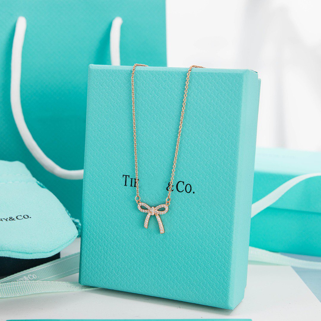 Tiffany Ribbon Necklace Bow Pendant Cubic Zirconia Charm Chain