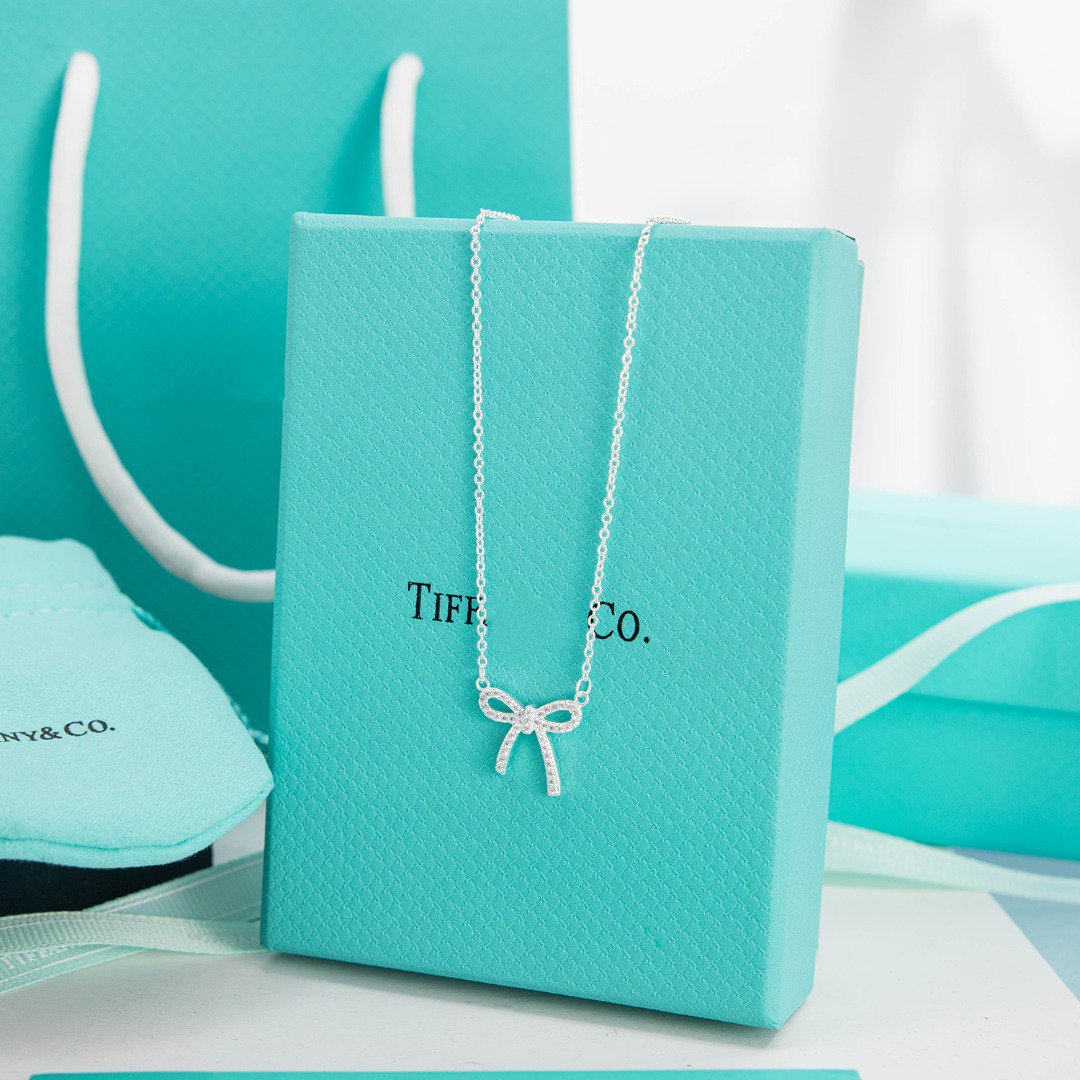 Tiffany Ribbon Necklace Bow Pendant Cubic Zirconia Charm Chain