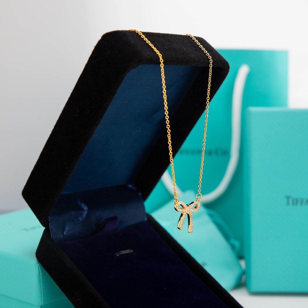 Tiffany Ribbon Necklace Bow Pendant Cubic Zirconia Charm Chain