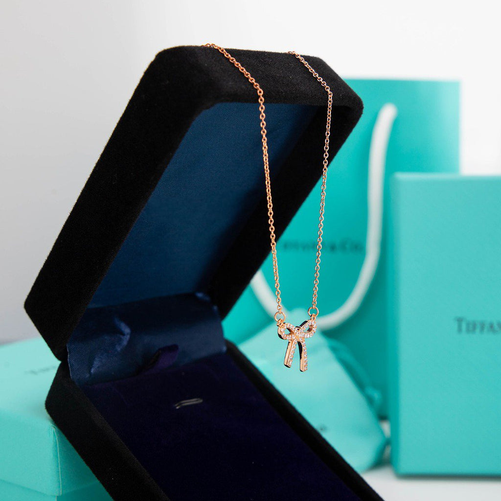 Tiffany Ribbon Necklace Bow Pendant Cubic Zirconia Charm Chain