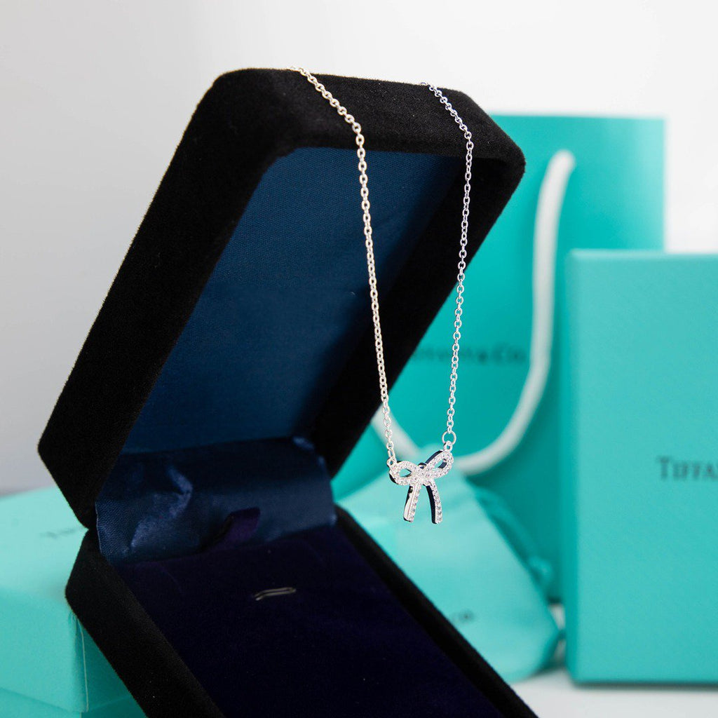 Tiffany Ribbon Necklace Bow Pendant Cubic Zirconia Charm Chain