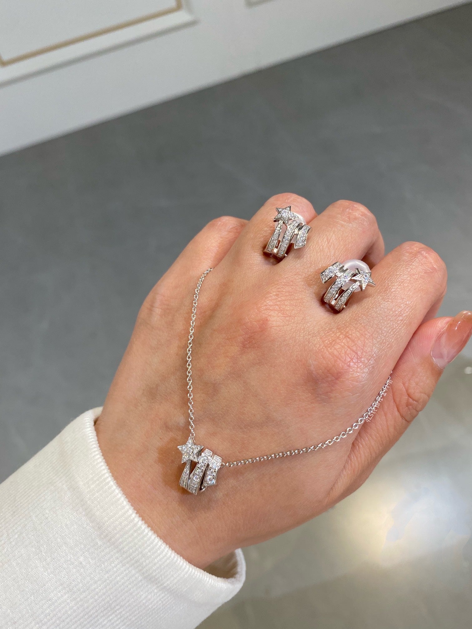 Chanel Star Double Row Cubic Zirconia Silver Earrning