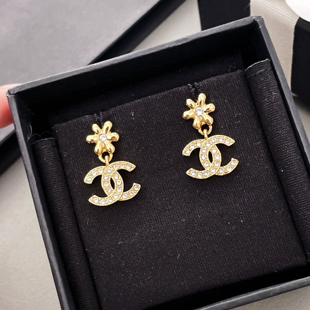 Chanel Mini Flower Double C Cubic Zirconia Gold Earrings